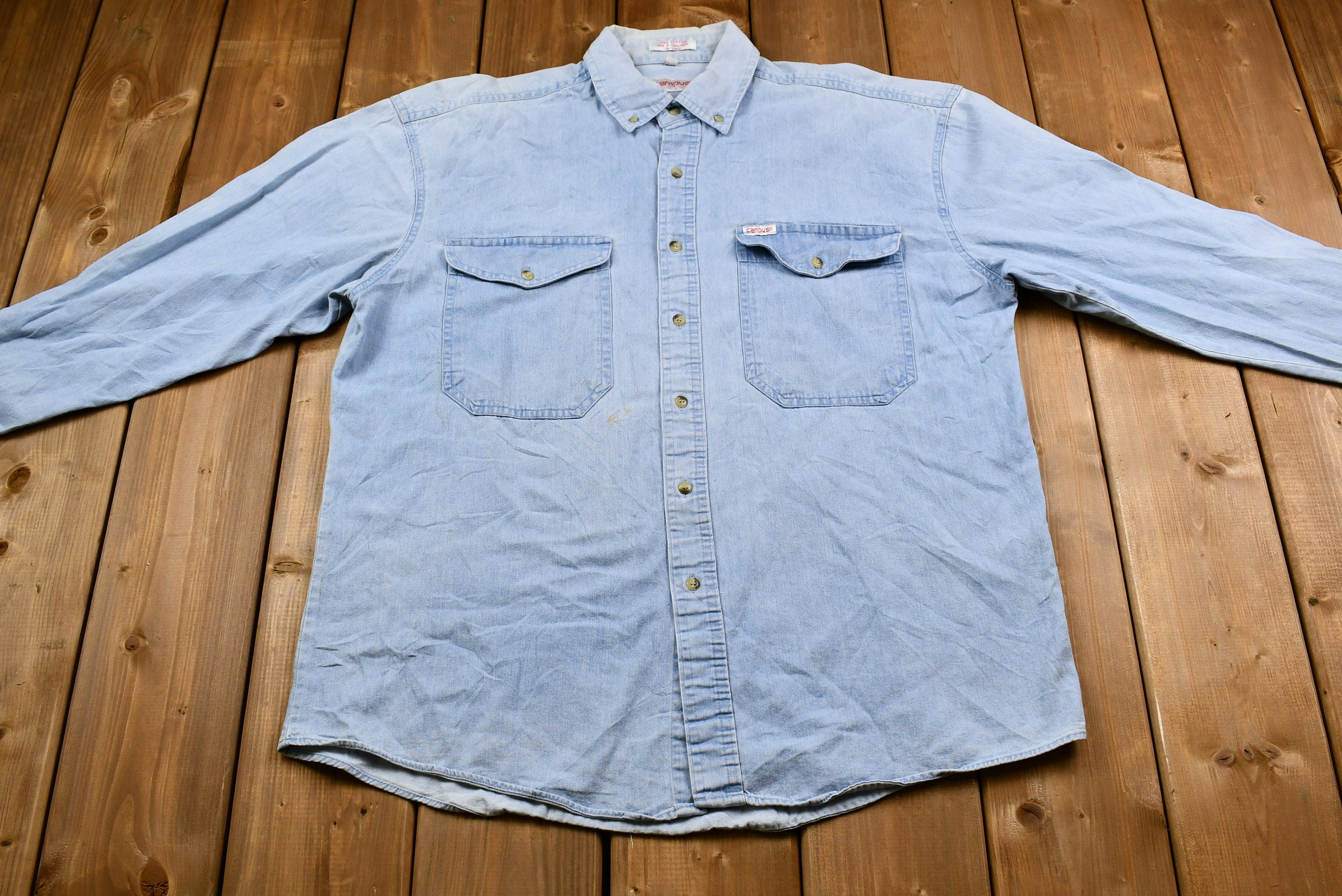 Vintage 1990s Campus Light Blue Denim Button Up Shirt