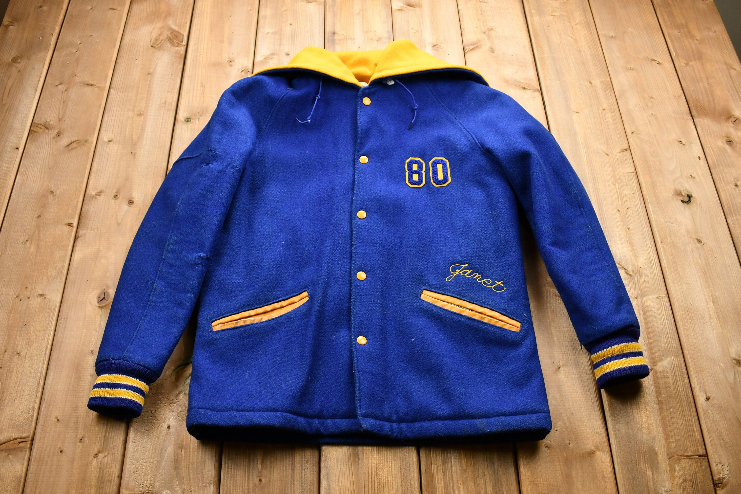 Vintage 1970s Timken Trojans Janet #80 Letterman Zip-Hood Snap Button Jacket