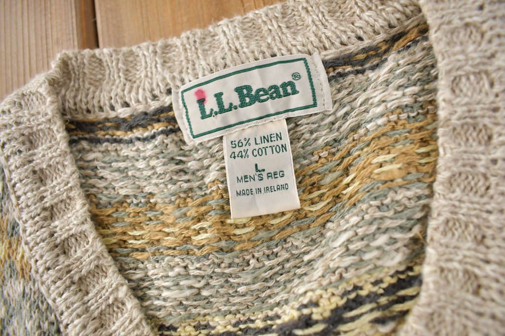 Vintage 1990s LL Bean Striped V Neck Knit Sweater Made In Ireland Size L