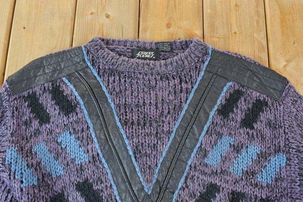 Vintage 1990s Street Scenes Knit Leather Patch Crewneck Sweater