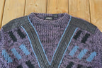 Vintage 1990s Street Scenes Knit Leather Patch Crewneck Sweater