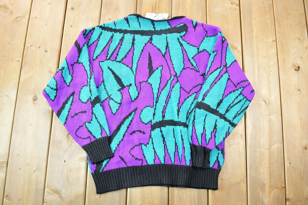 Vintage 1990s Design Funky Neon Leaf Pattern Knit Crewneck Sweater
