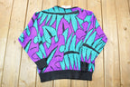 Vintage 1990s Design Funky Neon Leaf Pattern Knit Crewneck Sweater