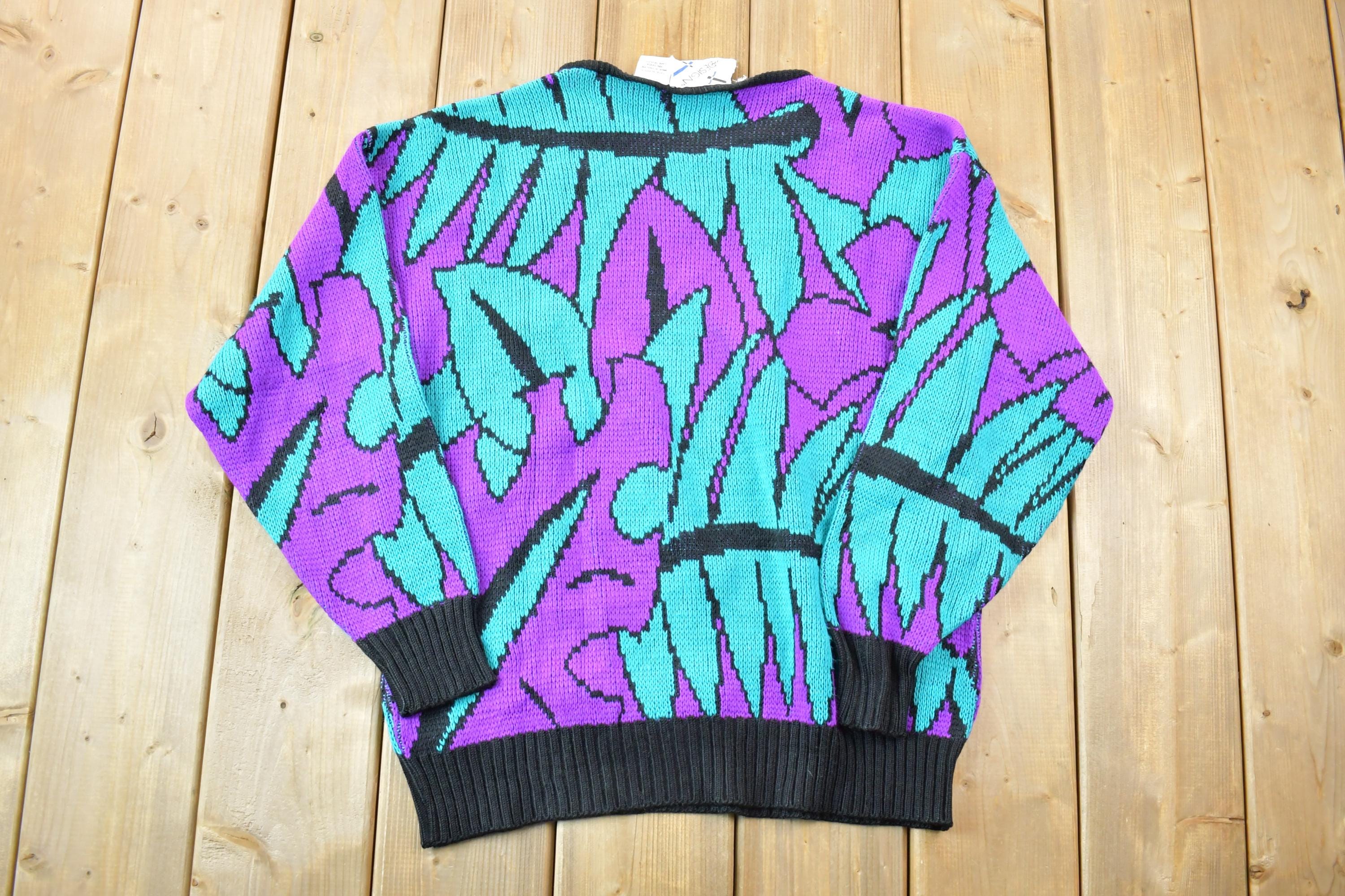 Vintage 1990s Design Funky Neon Leaf Pattern Knit Crewneck Sweater