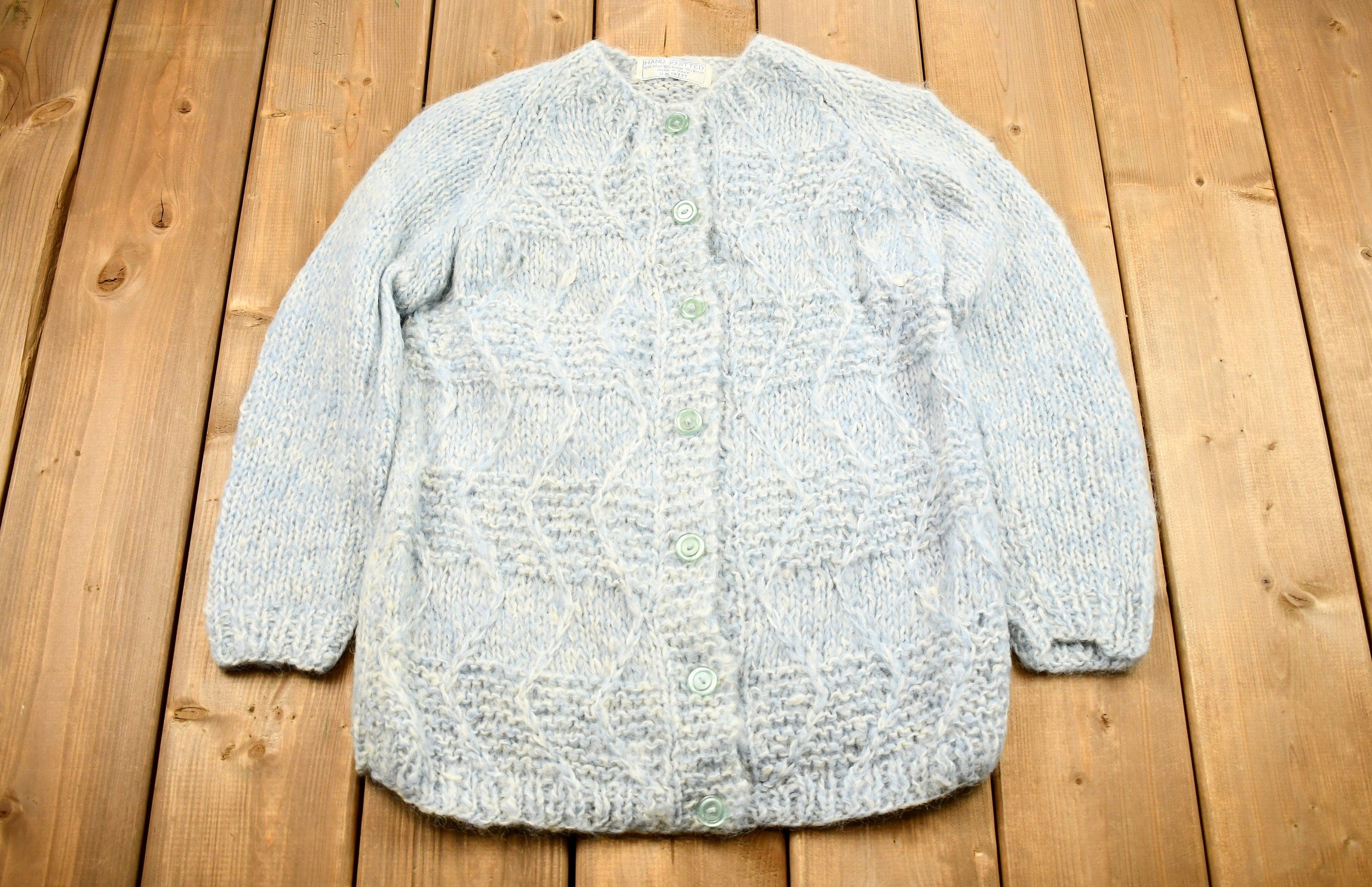 Vintage 1980s Mohair Wool Hand Knit Cardigan Sweater