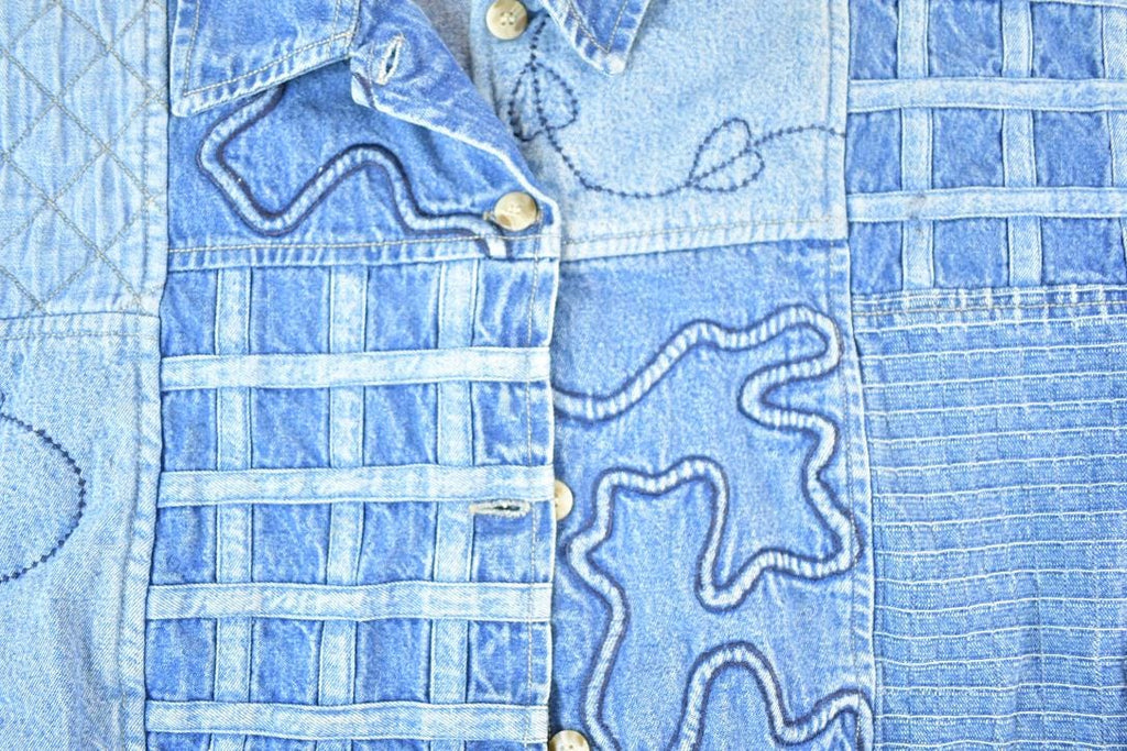 Vintage 1990s Lifestyle Denim Abstract Patchwork Button Up Shirt Women's XXL / Vintage Button Up / Preppy Button Up / Vintage Dress Shirt