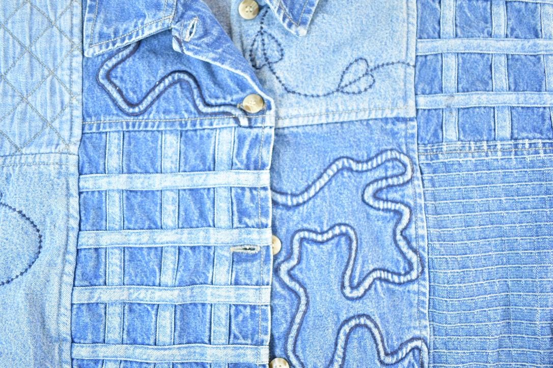 Vintage 1990s Lifestyle Denim Abstract Patchwork Button Up Shirt Women's XXL / Vintage Button Up / Preppy Button Up / Vintage Dress Shirt