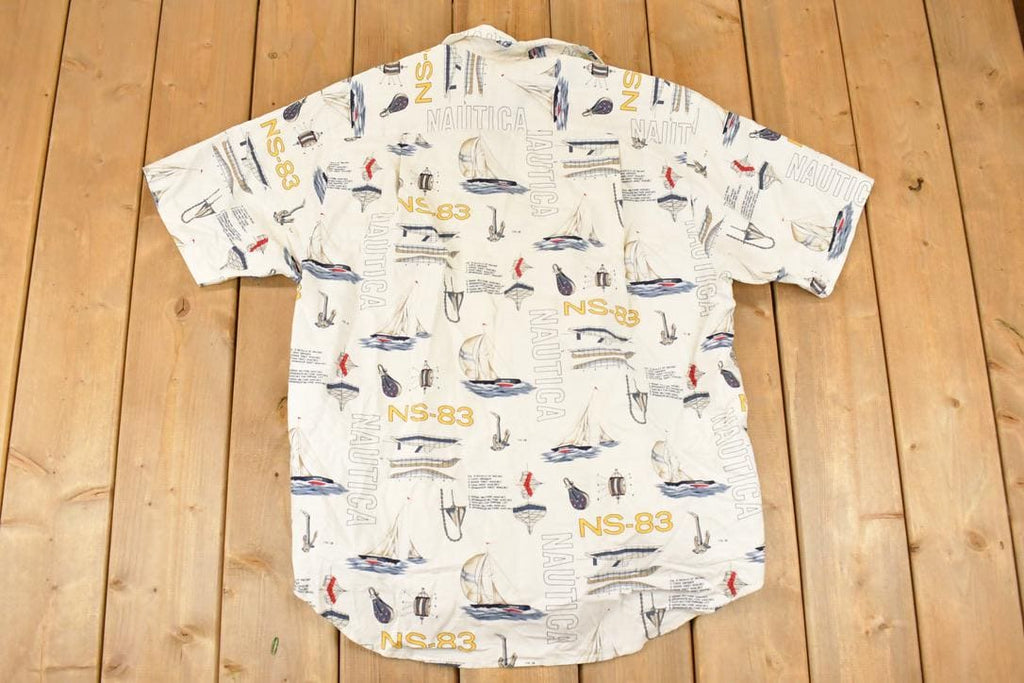 Vintage 1990s Nautica AOP Sailboats Abstract Button Up Shirt Men's L / Funky Crazy Pattern / Preppy Style / Boxy Fit