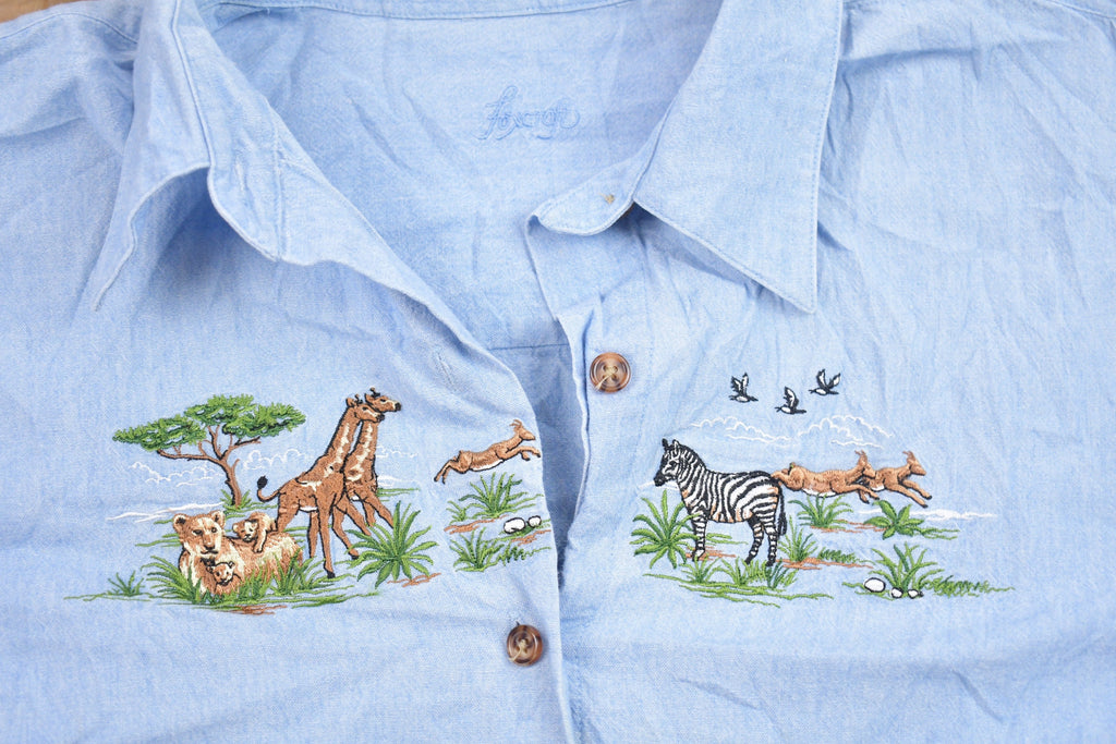 Vintage 1990s Desert Safari Embroidered Denim Button Up Shirt