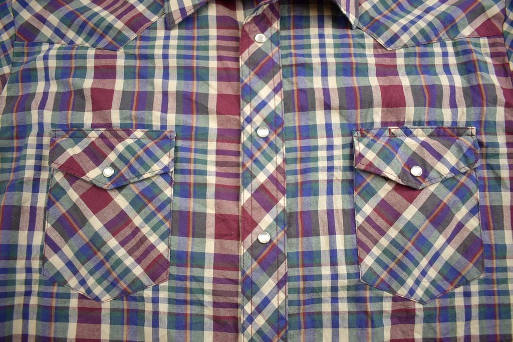 Vintage 1990s Wrangler Blank Plaid Pearl Button Up Shirt