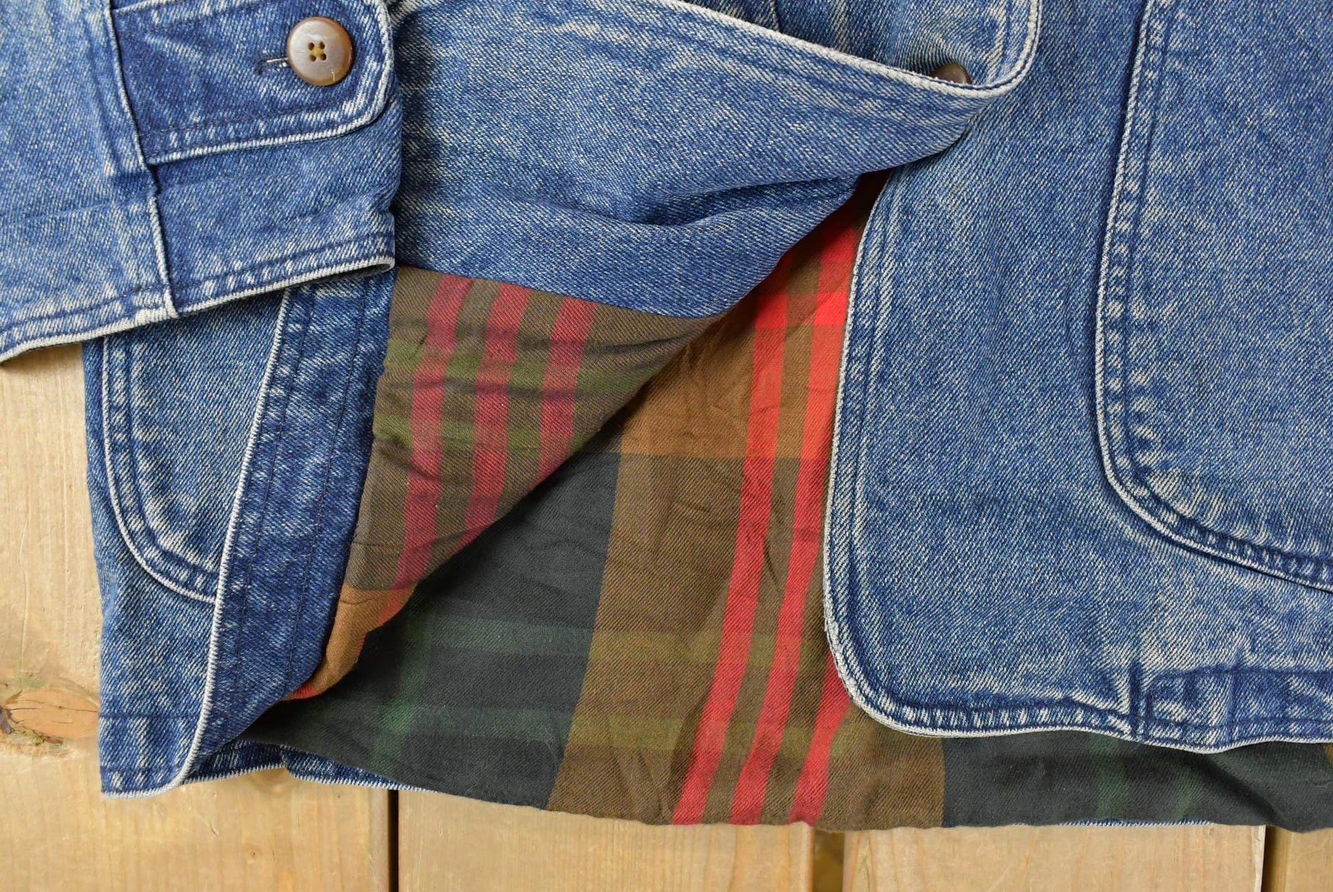 Vintage 1990s Lands End Plaid Lined Denim Chore Barn Coat Women's Medium