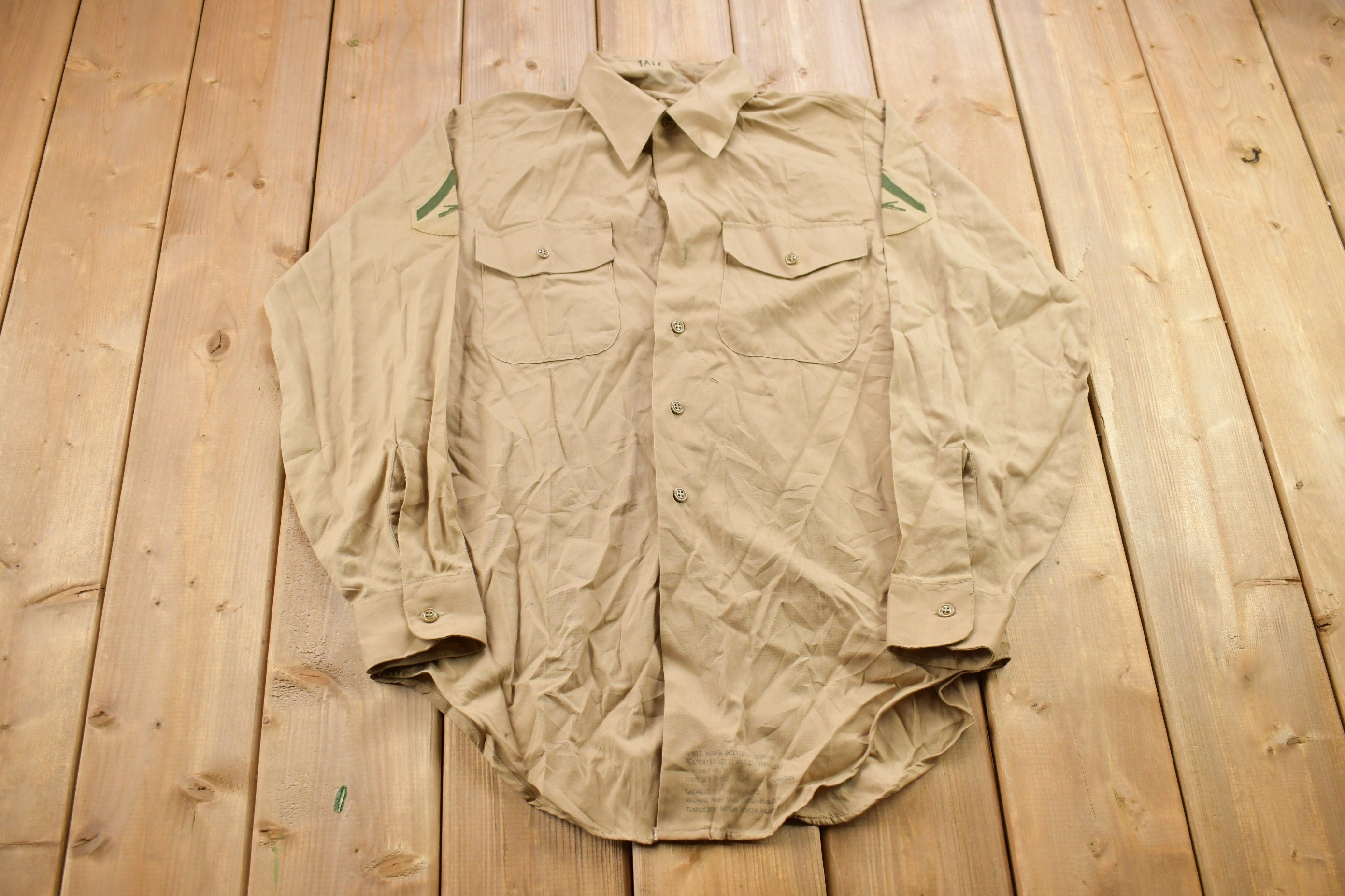 Vintage 1990s Blank Beige M.C. Military Button Up Shirt