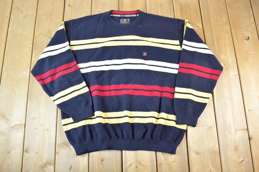 Vintage 1990s Green Coast Yachting Outfits Knit Striped Nautical Crewneck Sweater Made In Italy