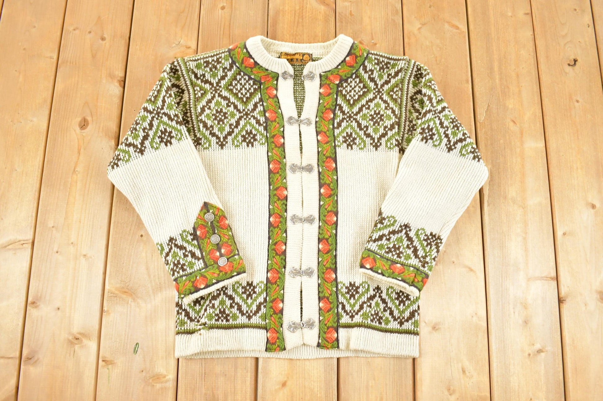 True Vintage 1970s Nordstrikk Norwegian folklore wool knit Cardigan Sweater Mens S