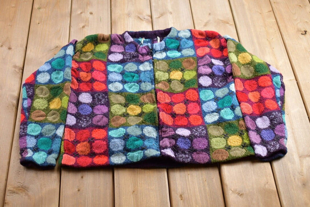 Vintage 1970s All Over Pattern Colourful Knitted Cardigan Sweater