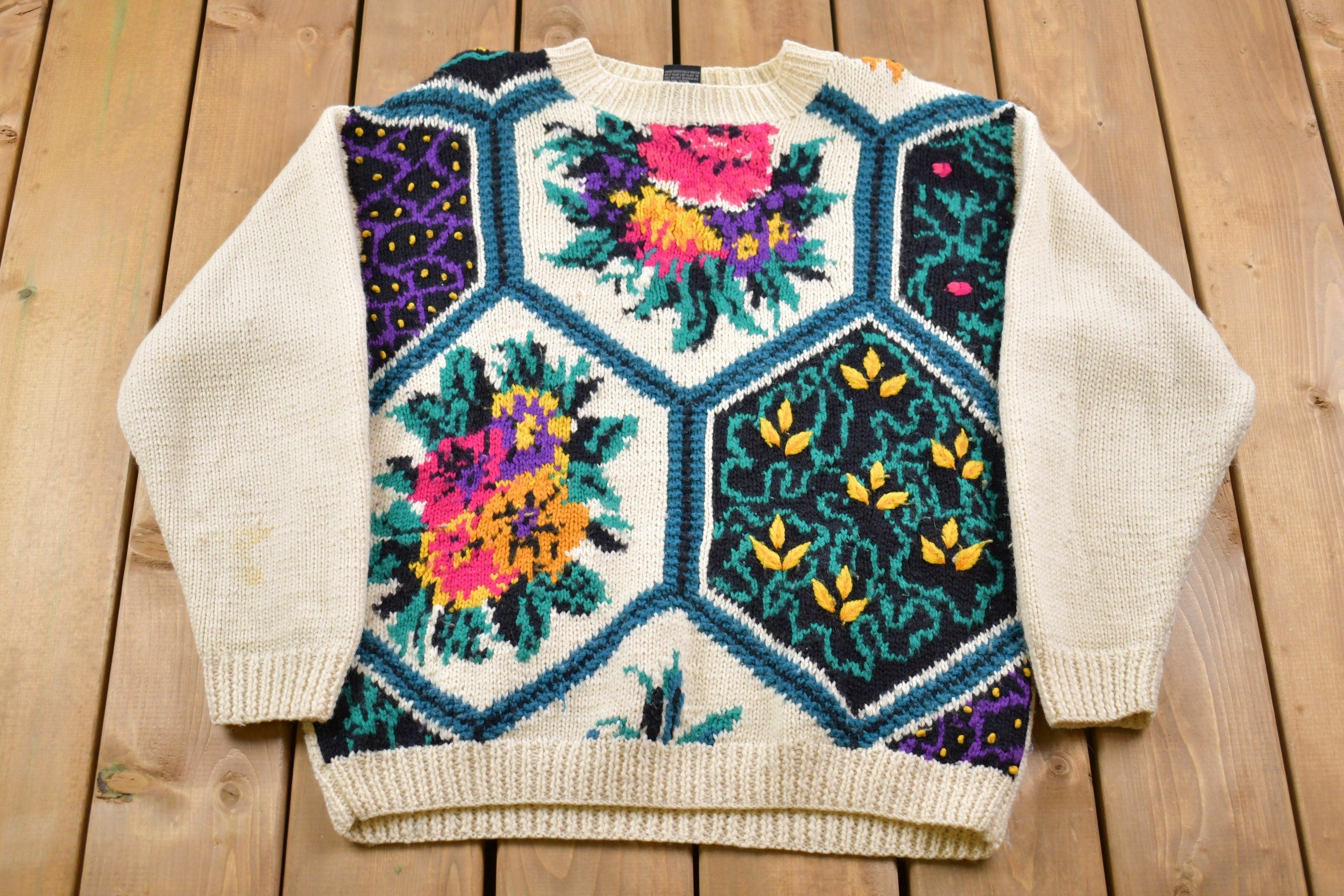 Vintage 1980s Tamra Floral Geometric Boxknit Sweater