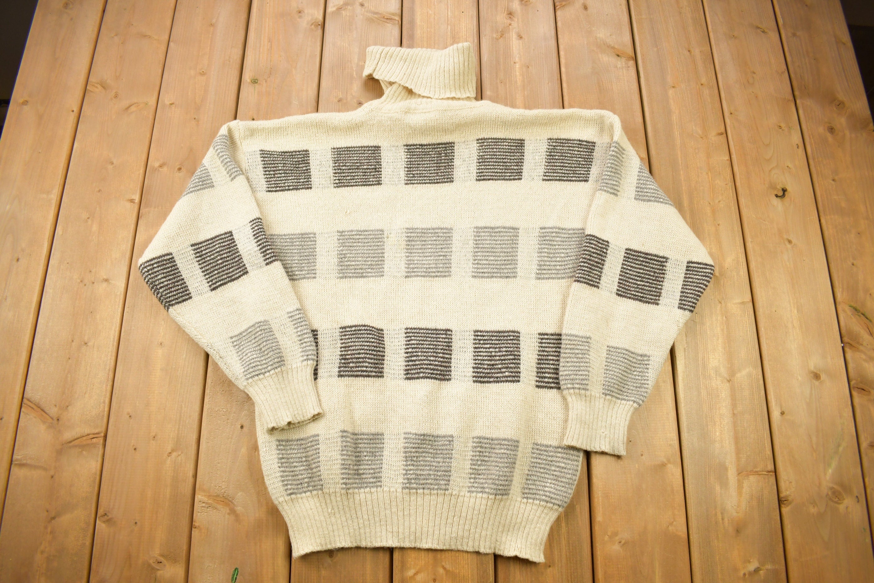 Vintage 1990s Illimani 100% Alpaca Wool Patchwork Knitted Turtleneck Sweater