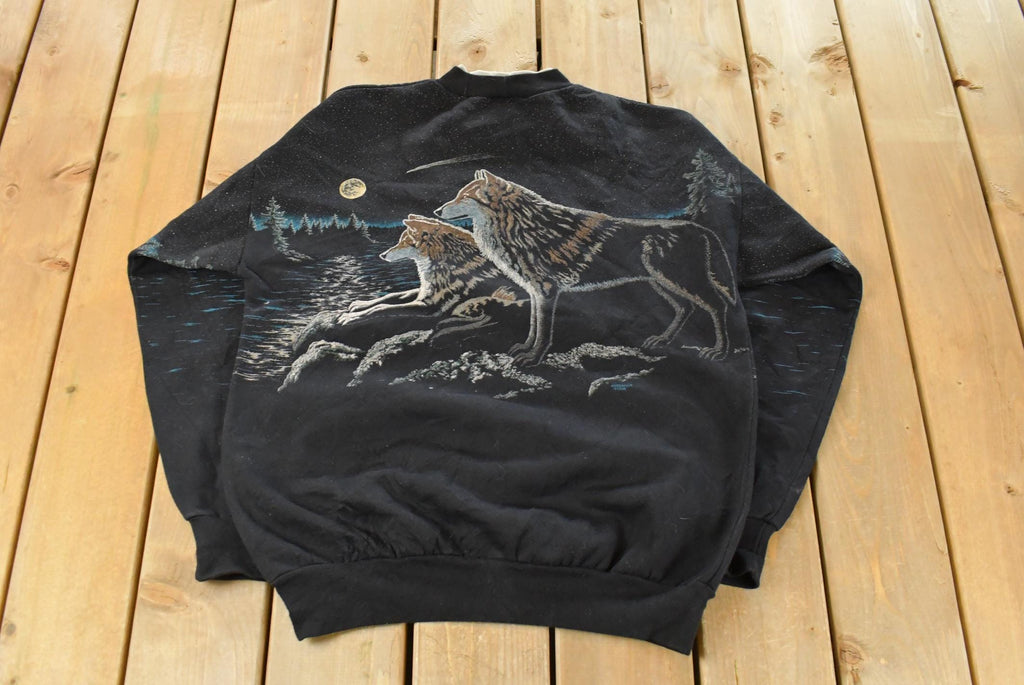 Vintage 1990s Artisans Wolf Graphic Henley Crewneck Sweatshirt Mens Large