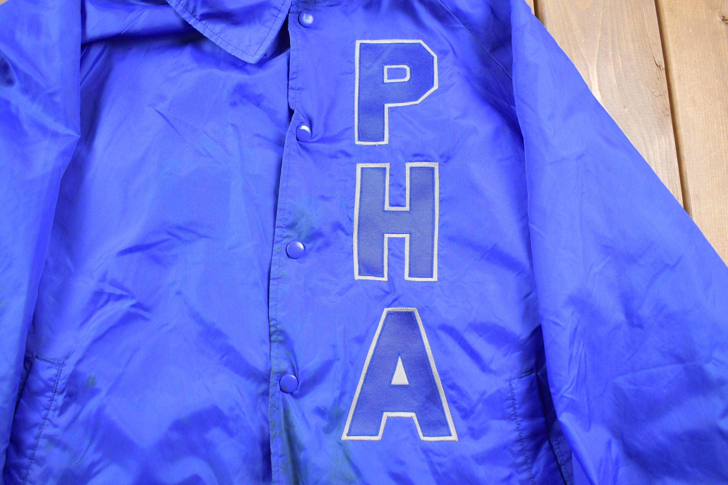 Vintage 1990s Auburn PHA Blue Snap Button Patchwork Windbreaker Jacket