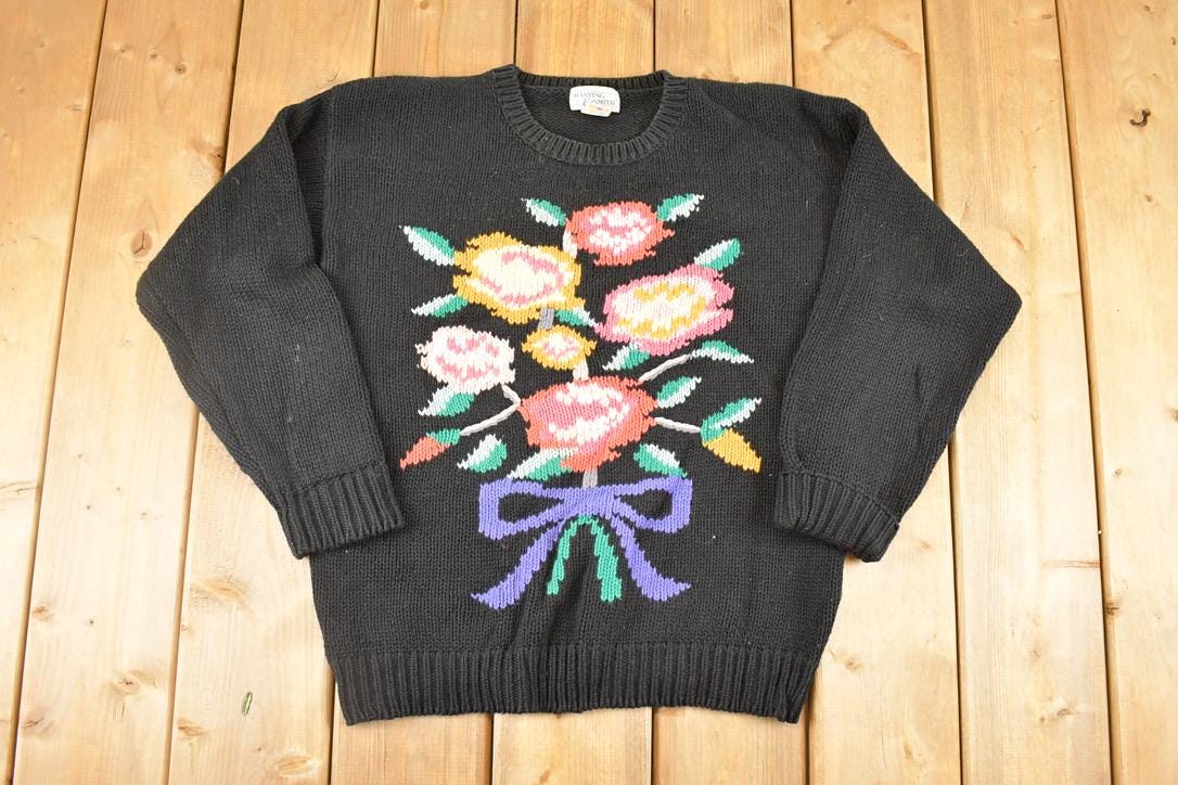 Vintage 1990s Hasting And Smith Floral Loose Knit Sweater Women's M