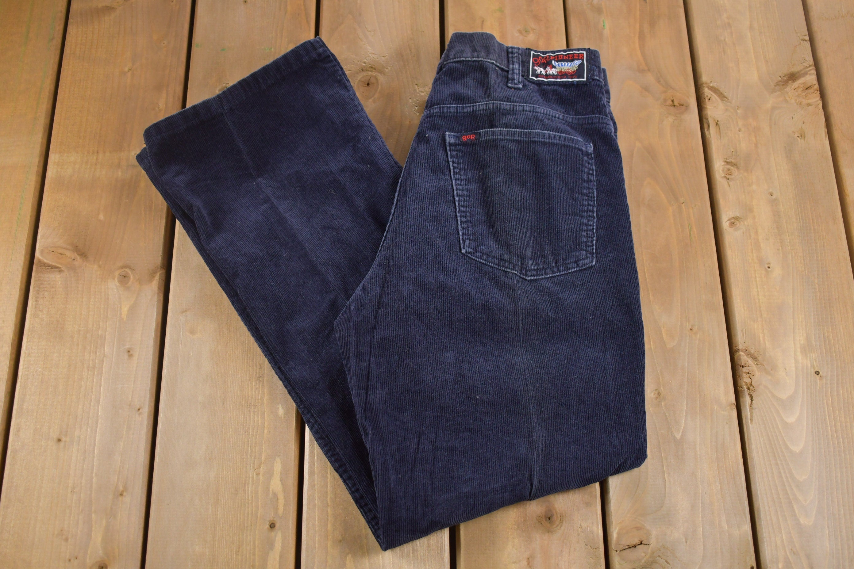 Vintage 1970s Gap Pioneer Navy Blue Corduroy Trousers Size 30 x 28