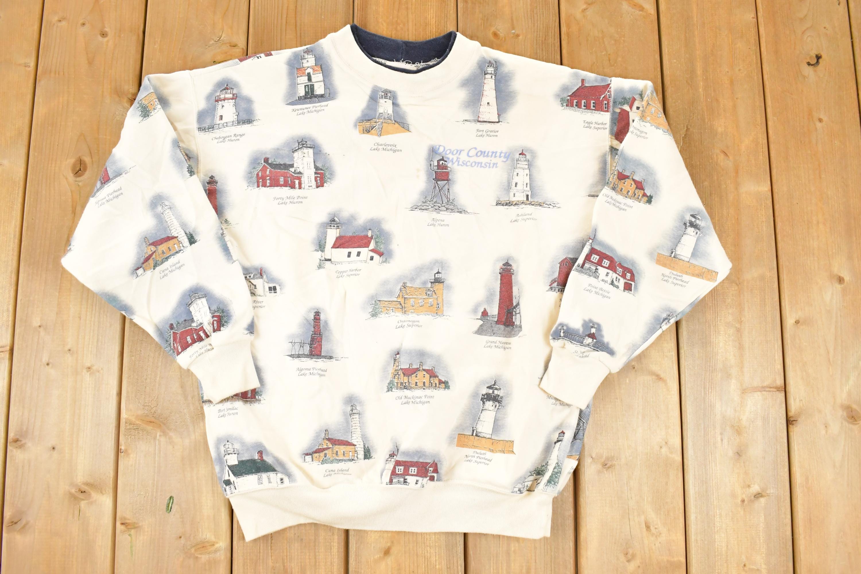 Vintage 1990s Art Unlimited AOP Lighthouses Crew Neck Sweatshirt Women's M