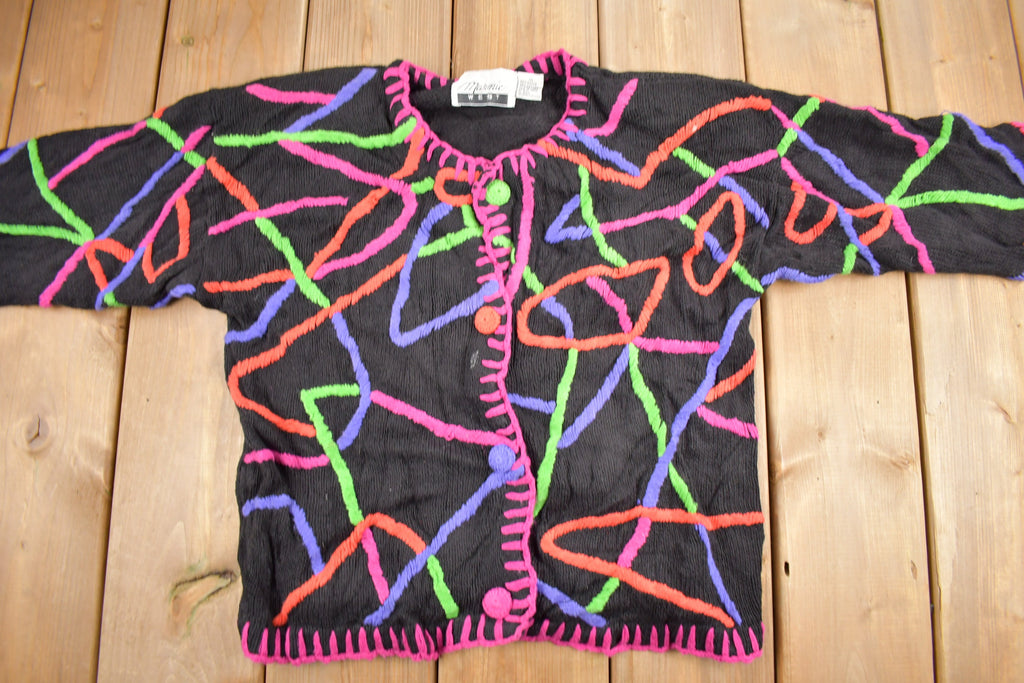 Vintage 1990s Marmie West Neon Abstract Pattern Knit Cardigan Sweater