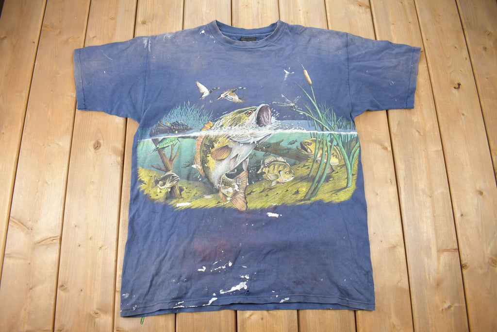 Vintage 1990s Largemouth Bass All Over Print Graphic T-Shirt