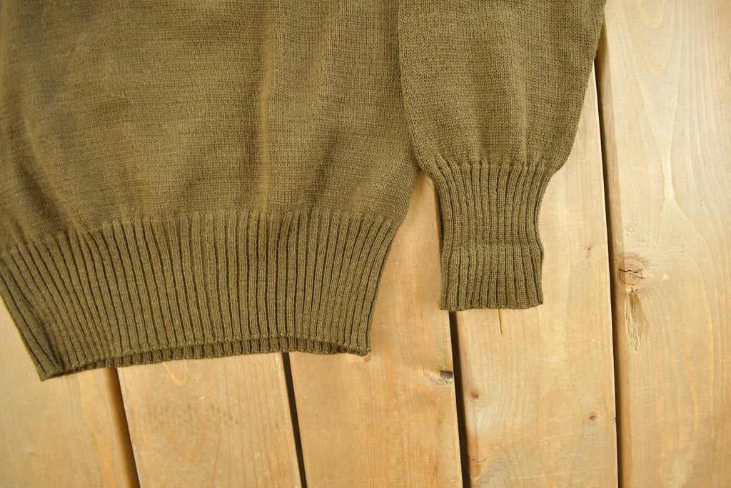 Vintage 1980s Military Wool Olive Henley Knit Sweater Men's Medium