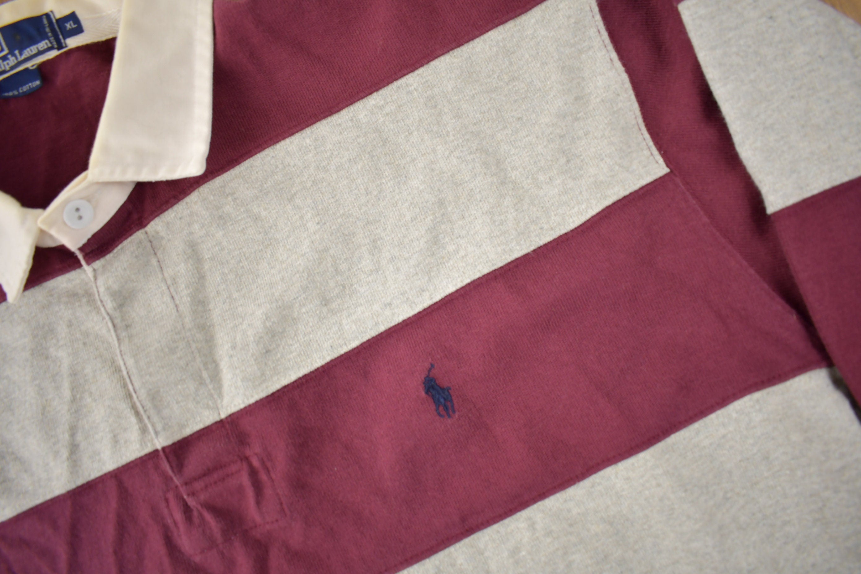 Vintage 1990s Polo By Ralph Lauren Embroidered Small Pony Striped Rugby Sweater Size XLarge