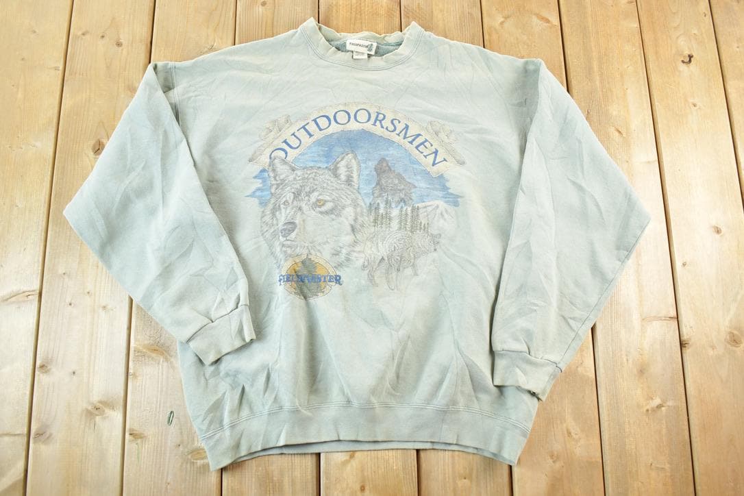 Vintage 1990s Fieldmaster Outdoorsman Crew Neck Wolf Sweatshirt Made In USA Mens XL