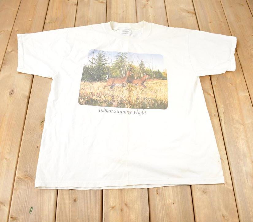 Vintage 1990s Indian Summer Flight Running Deer Graphic T-Shirt Made In USA