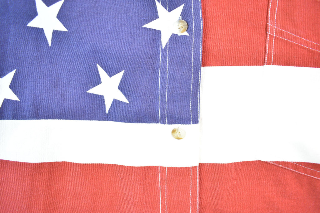 Vintage 1990s All Over Print American Flag Quizz Again Blank Button Up Shirt