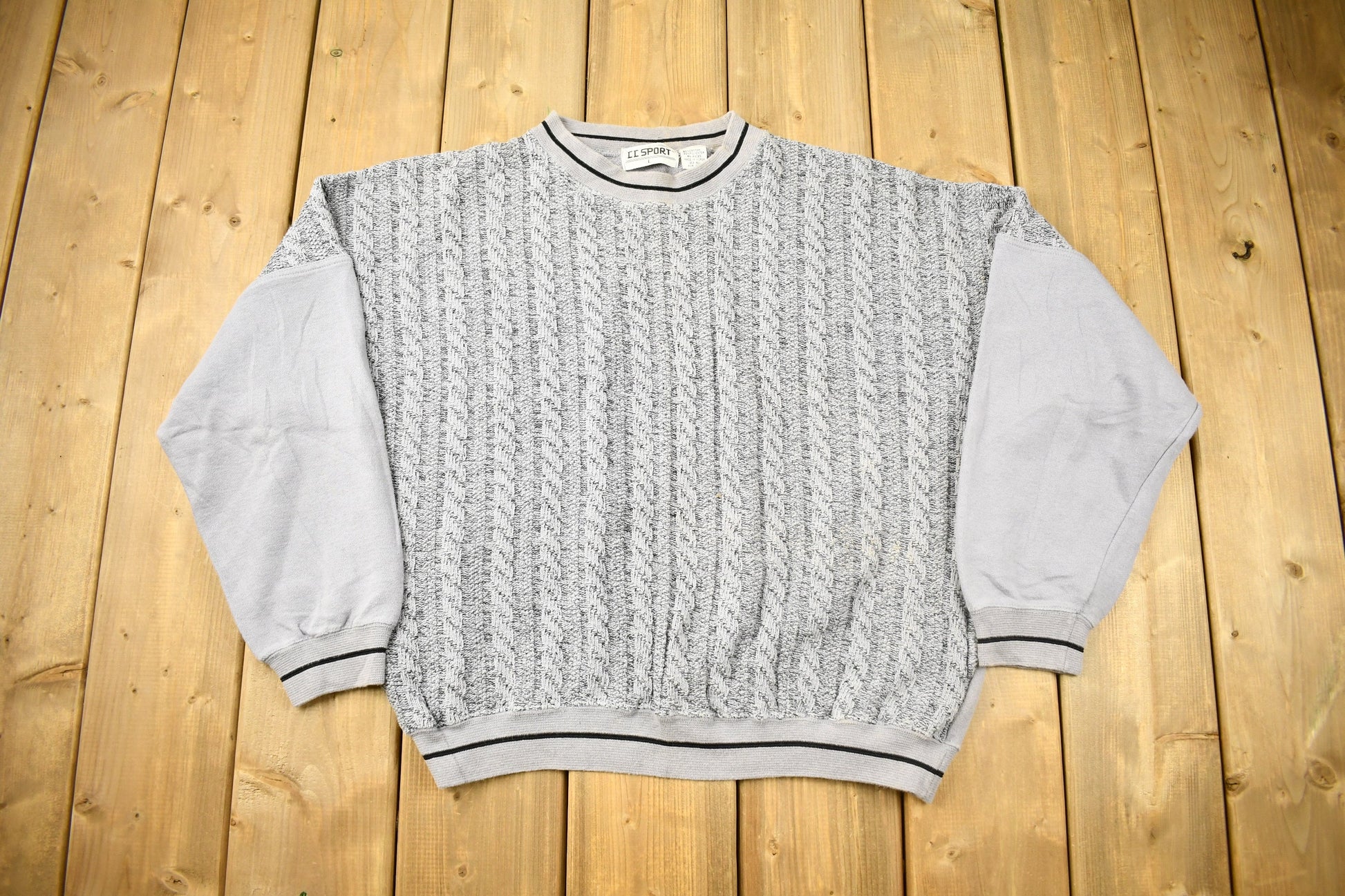 Vintage 1990s CC Sport 3D Cable Knit Grey Crewneck Sweater