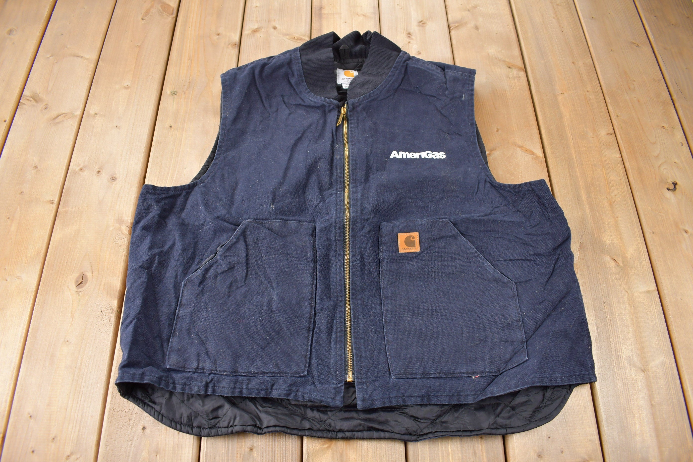 Vintage 1990s Carhartt Blue Embroidered Quilted Work Vest Size 2XL