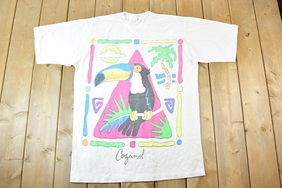 Vintage 1990s Cozumel Mexico Neon Toucan Souvenir Bird T-Shirt Men's XL