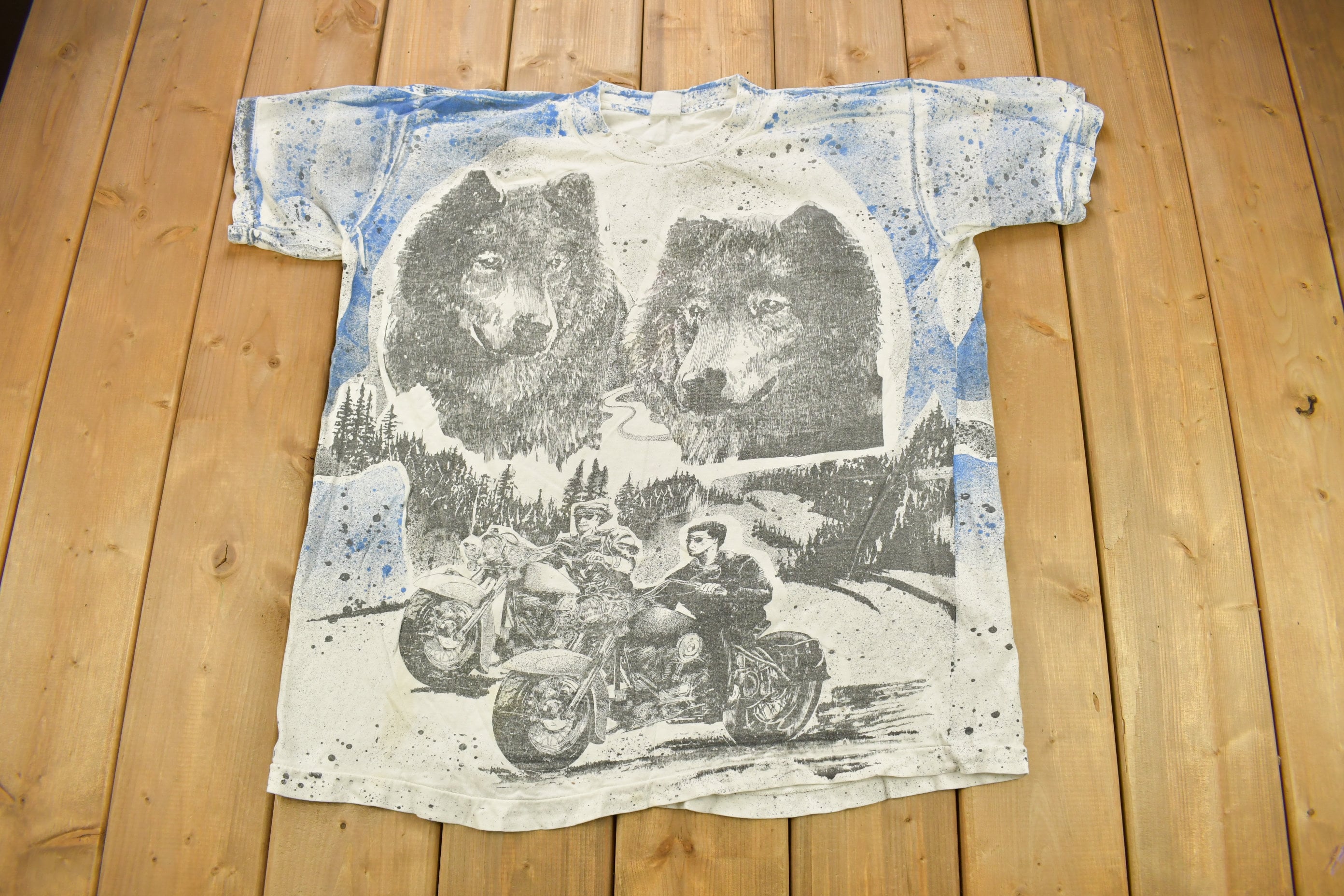 Vintage 1990s All over Print Motorcycle Wolf and Biker Graphic T-Shirt