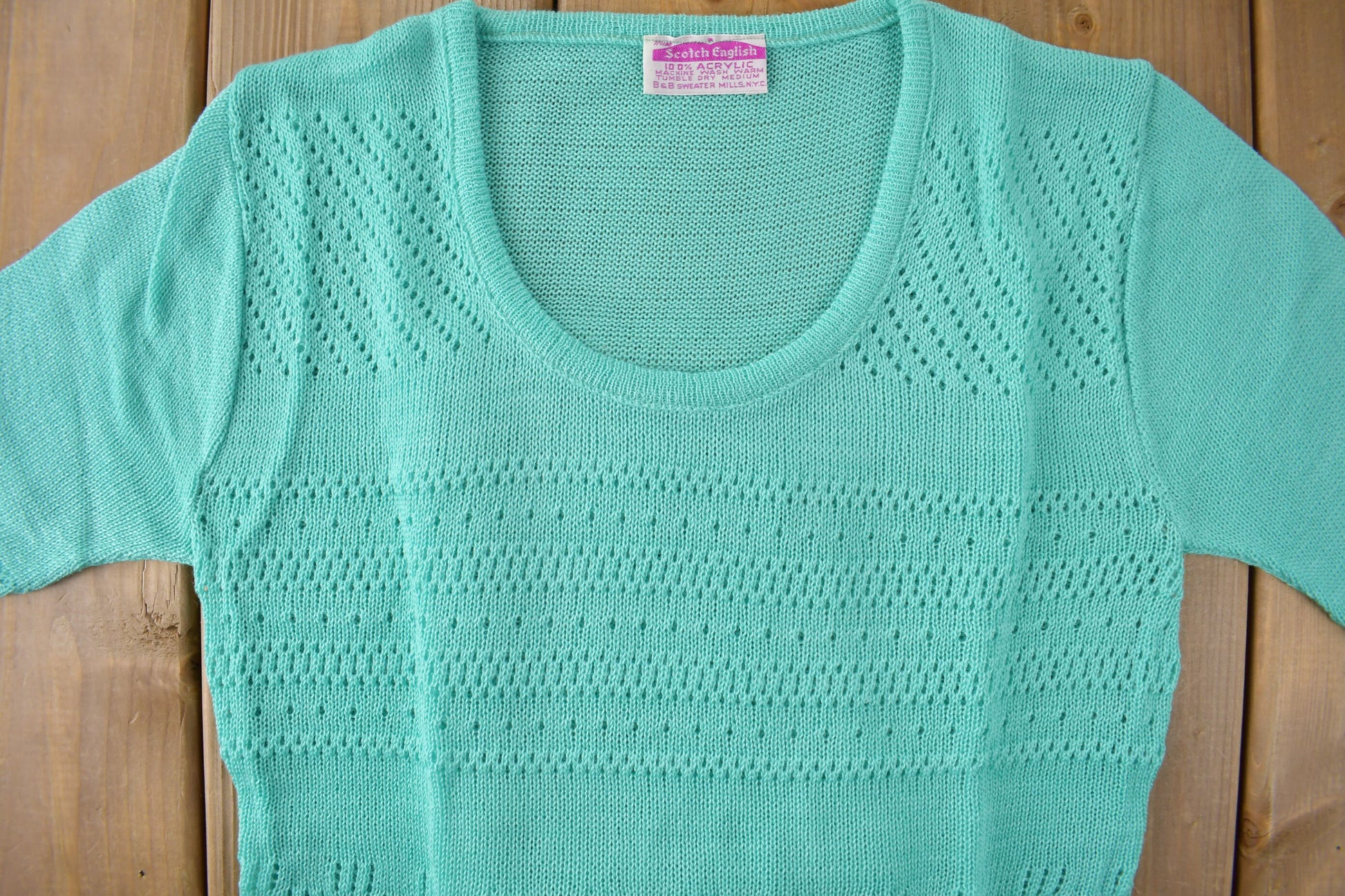 True Vintage 1960s Deadstock Miss Scotch English Short Sleeve Turquoise Knit Acrylic Sweater