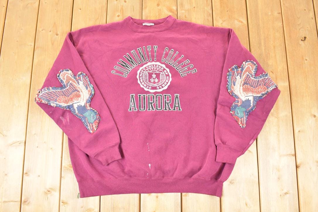 Vintage 1990s Aurora Community College Puppy Patchwork Crewneck Sweatshirt Men's XL