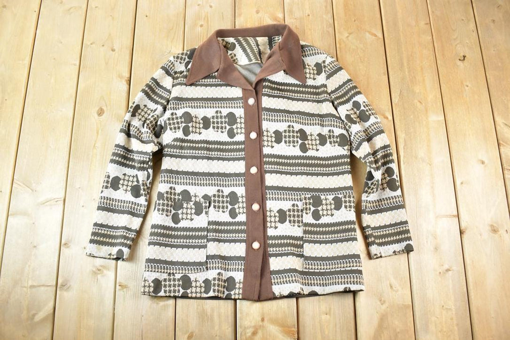 Vintage 1960s Knit Abstract Pattern Button Up Cardigan Sweater Mens M