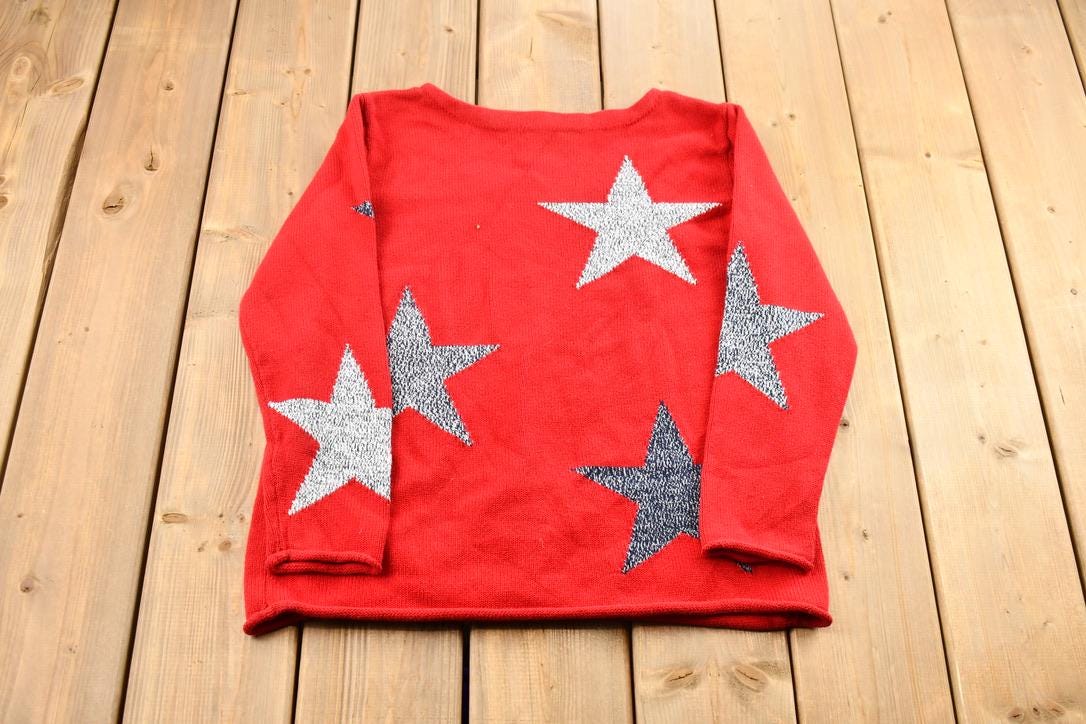 Vintage 1990s Women's Red Rolled Hem Norton Studio Star Pattern Knit Crewneck Sweater