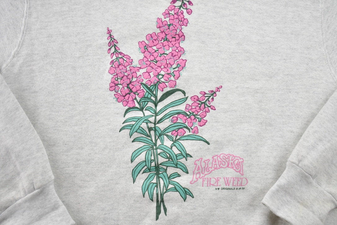 Vintage 1991 Alaska Fire Weed Flower Graphic Crewneck Sweater