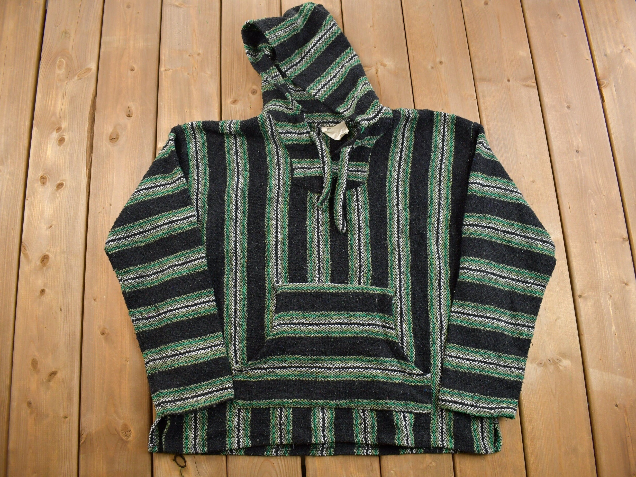 Vintage 1990s Hooded Pullover Striped Knit Poncho Blanket Hoodie