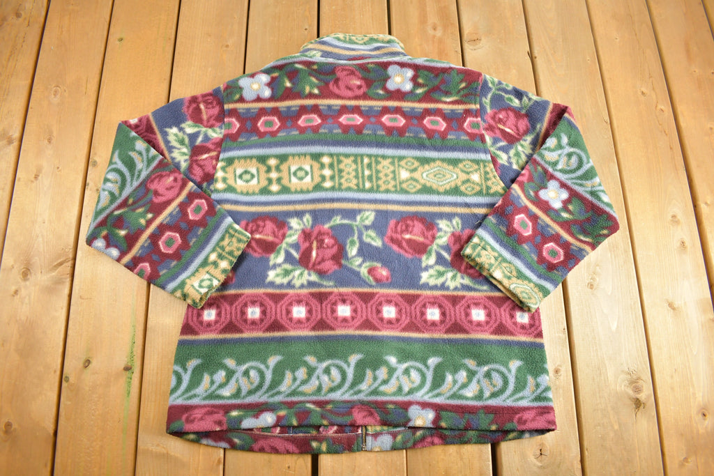 Vintage 1990s Alfred Dunner Abstract Floral Pattern Graphic Fleece Zip Up Sweater