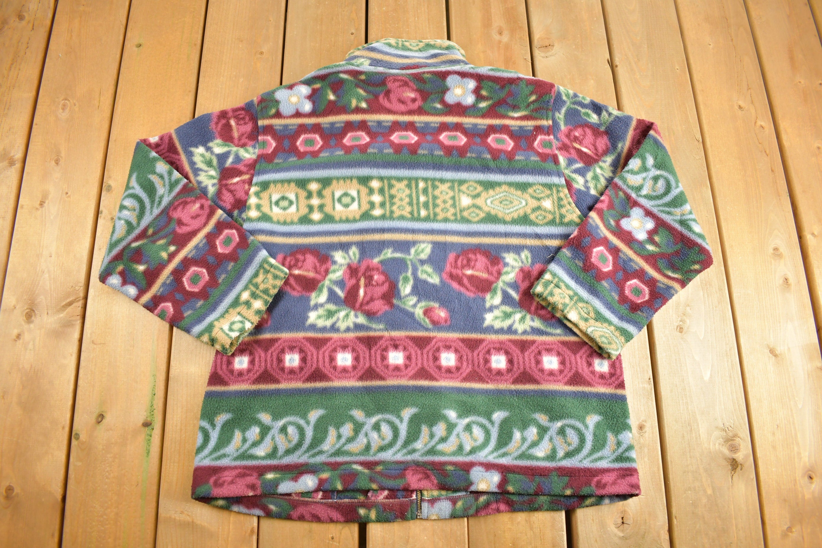 Vintage 1990s Alfred Dunner Abstract Floral Pattern Graphic Fleece Zip Up Sweater