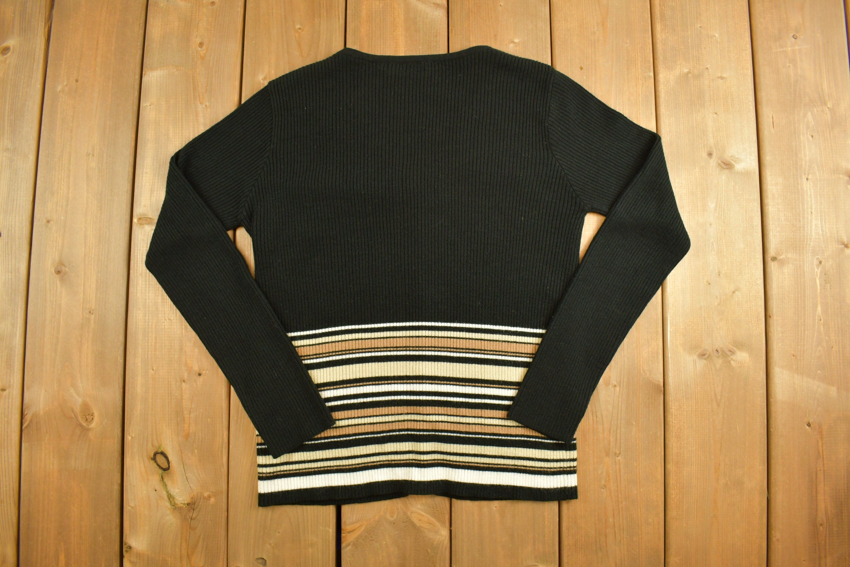 Vintage y2k Womens Black Stripy Knitted Cardigan Sweater