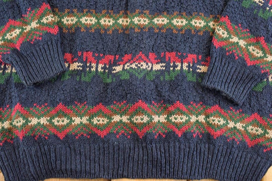 Vintage 1990s LL Bean Heavy Knit Crewneck Sweater Men's L / 90's Abstract Pattern 3D Knitted Sweatshirt
