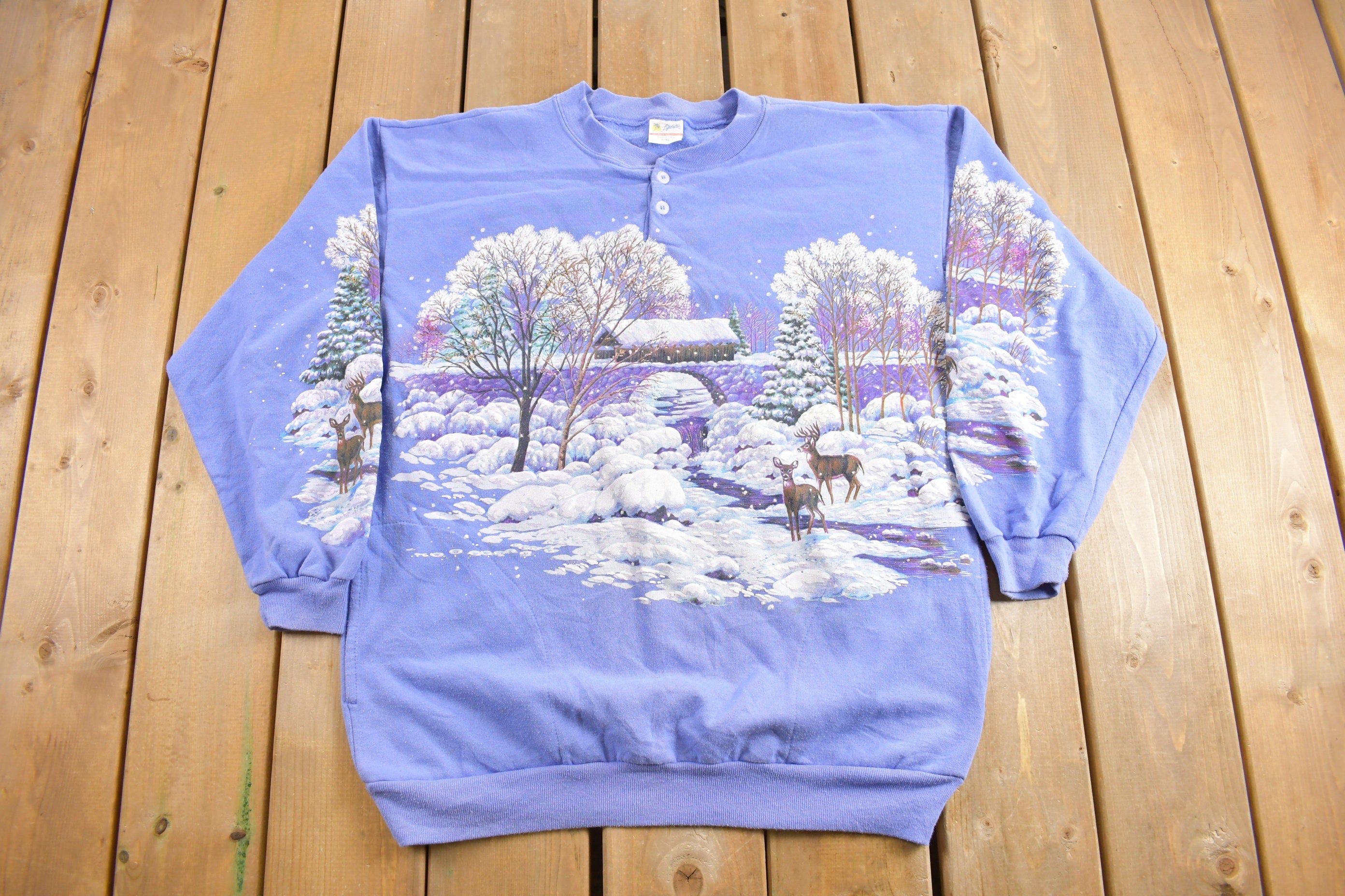 Vintage 1990s Winter Theme All Over Print Henley Sweater