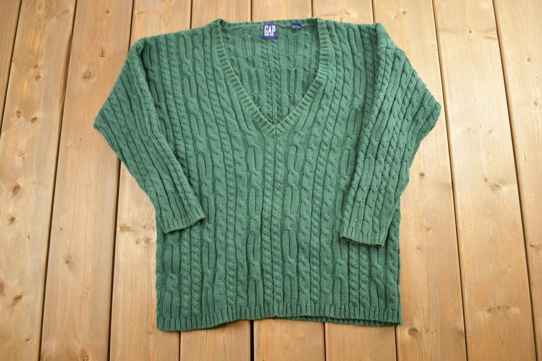 Vintage 1990s Gap Green 3D Colored Cable Knit V Neck Sweater