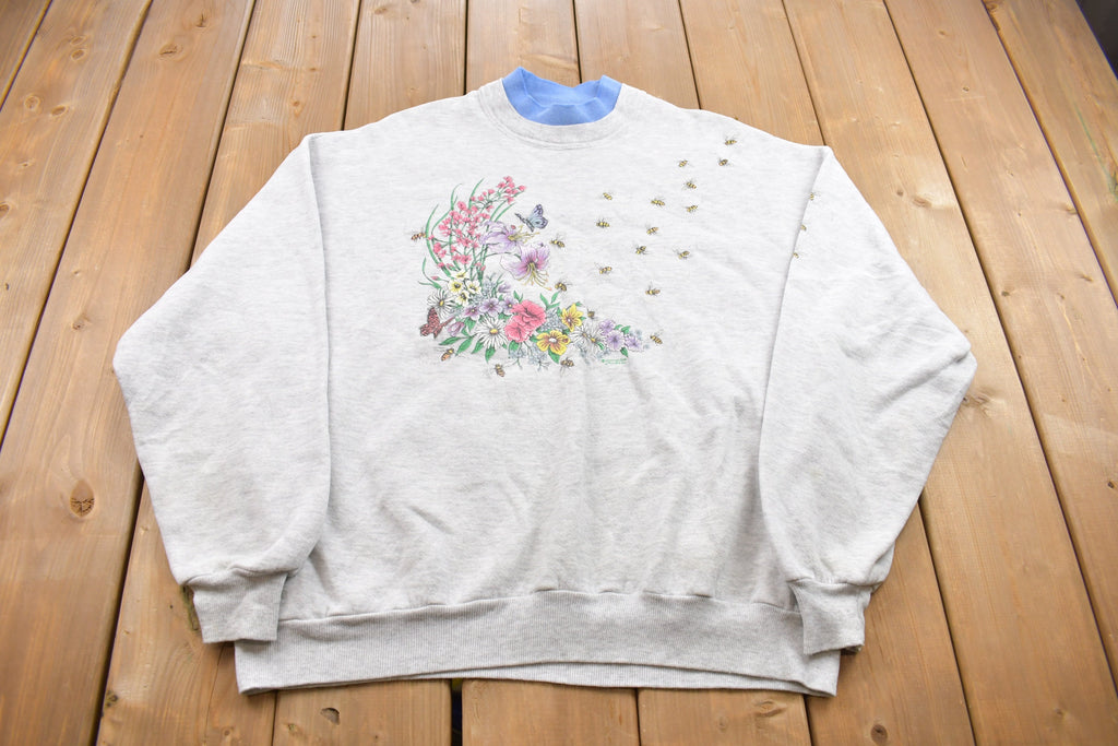 Vintage 1990s Morning Sun Flowers and Honey Bees Crewneck Sweatshirt